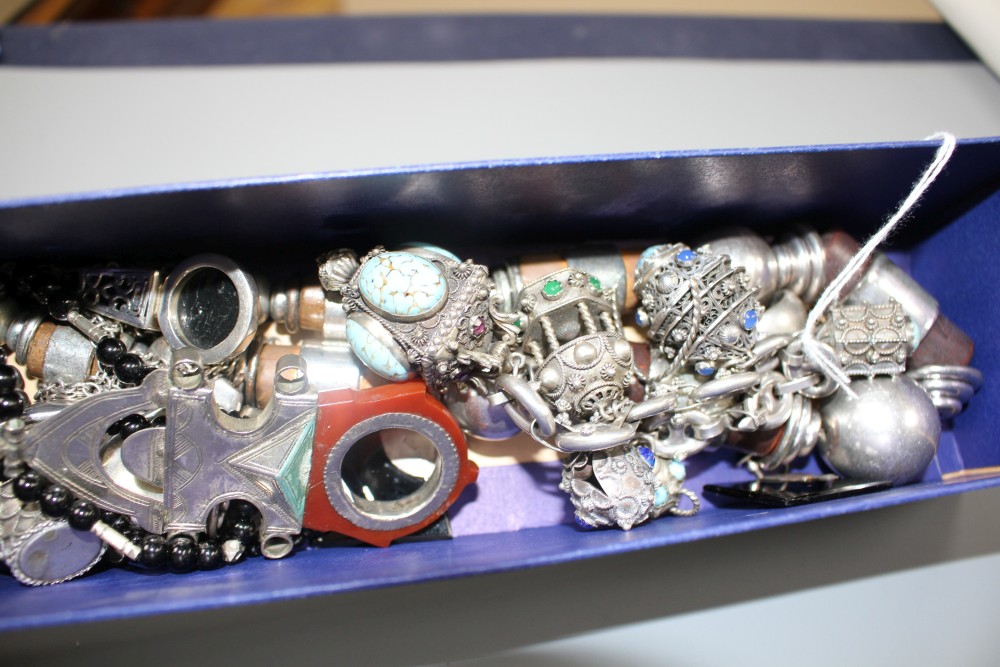 A mixed group of continental mainly white metal mounted gem set jewellery including necklaces and charm bracelet,